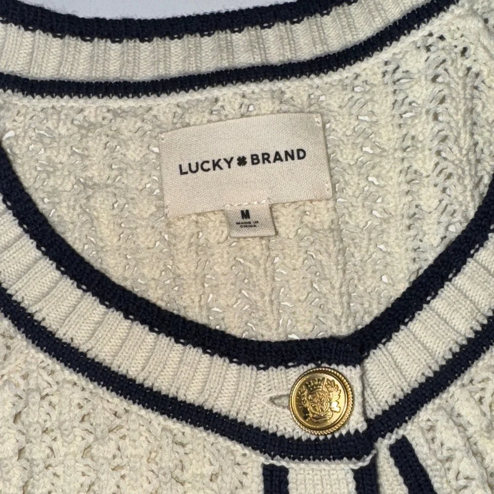 Lucky Brand Granny Cottage Core Cream Cardigan with Navy Trim and Gold Buttons - Picture 2 of 5